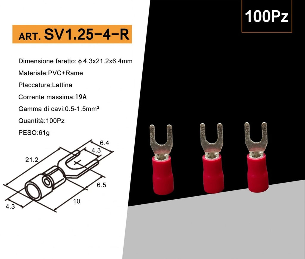Confezione da 100 pezzi – Capicorda terminale a forcella isolato, a crimpare per cavi da 0,5 mm² a 1,5 mm², misura M4