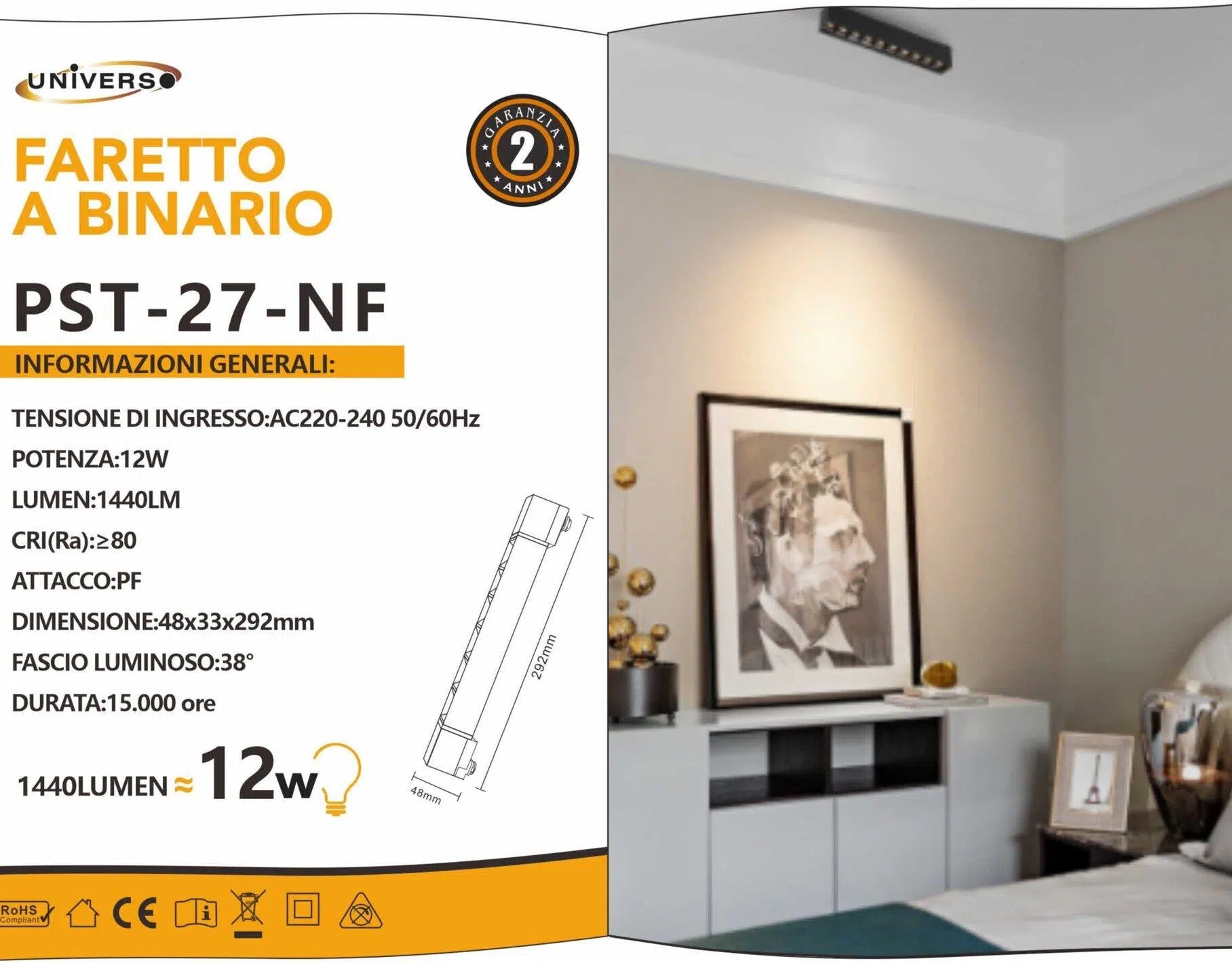 Track Light Faretto Lineare LED SMD Universo PST-27-N – 12W, 38°, per Binario Elettrificato Monofase, Colore Nero