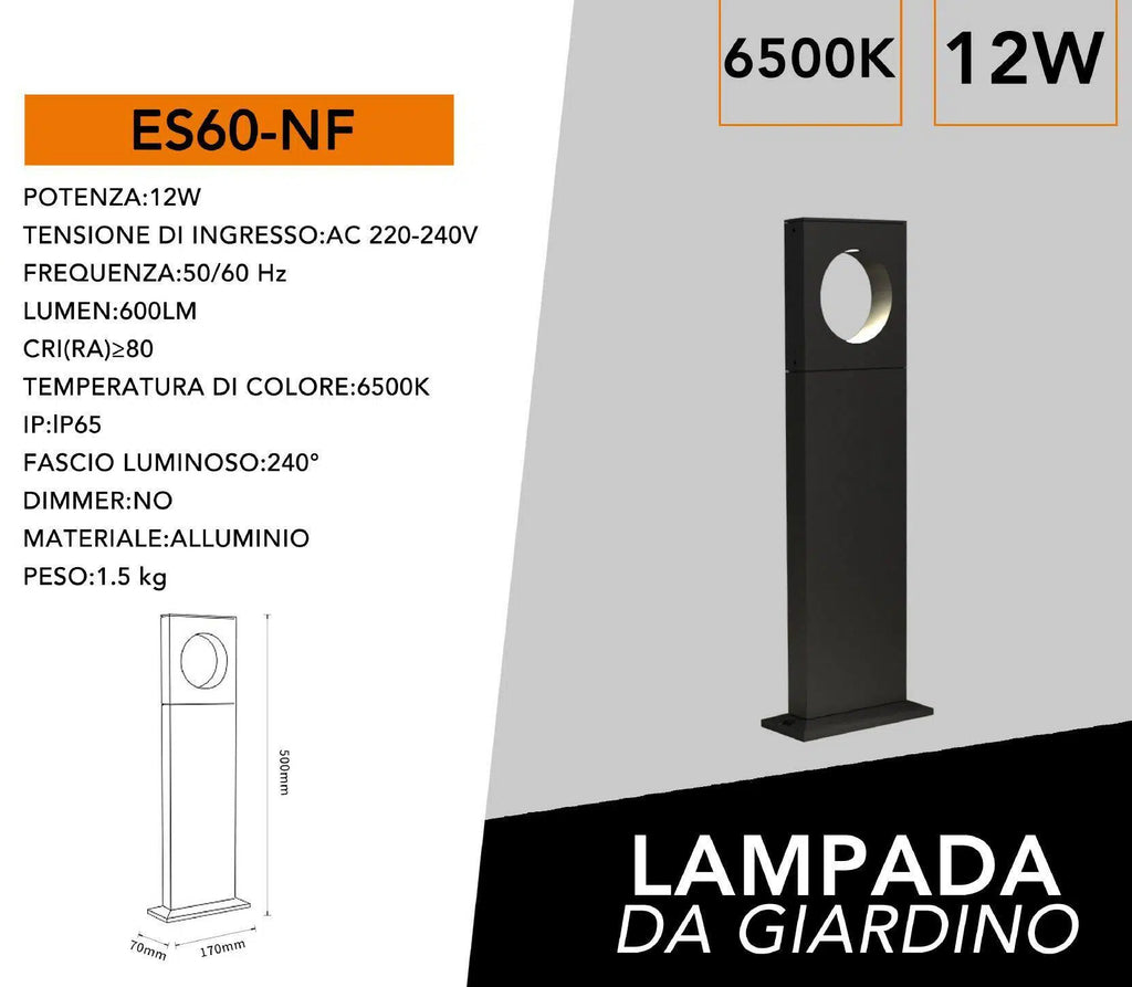 Lampada LED da Giardino 12W – Alluminio Nero, Fissaggio a Terra, IP65, Lampione 500 mm, 600 Lumen