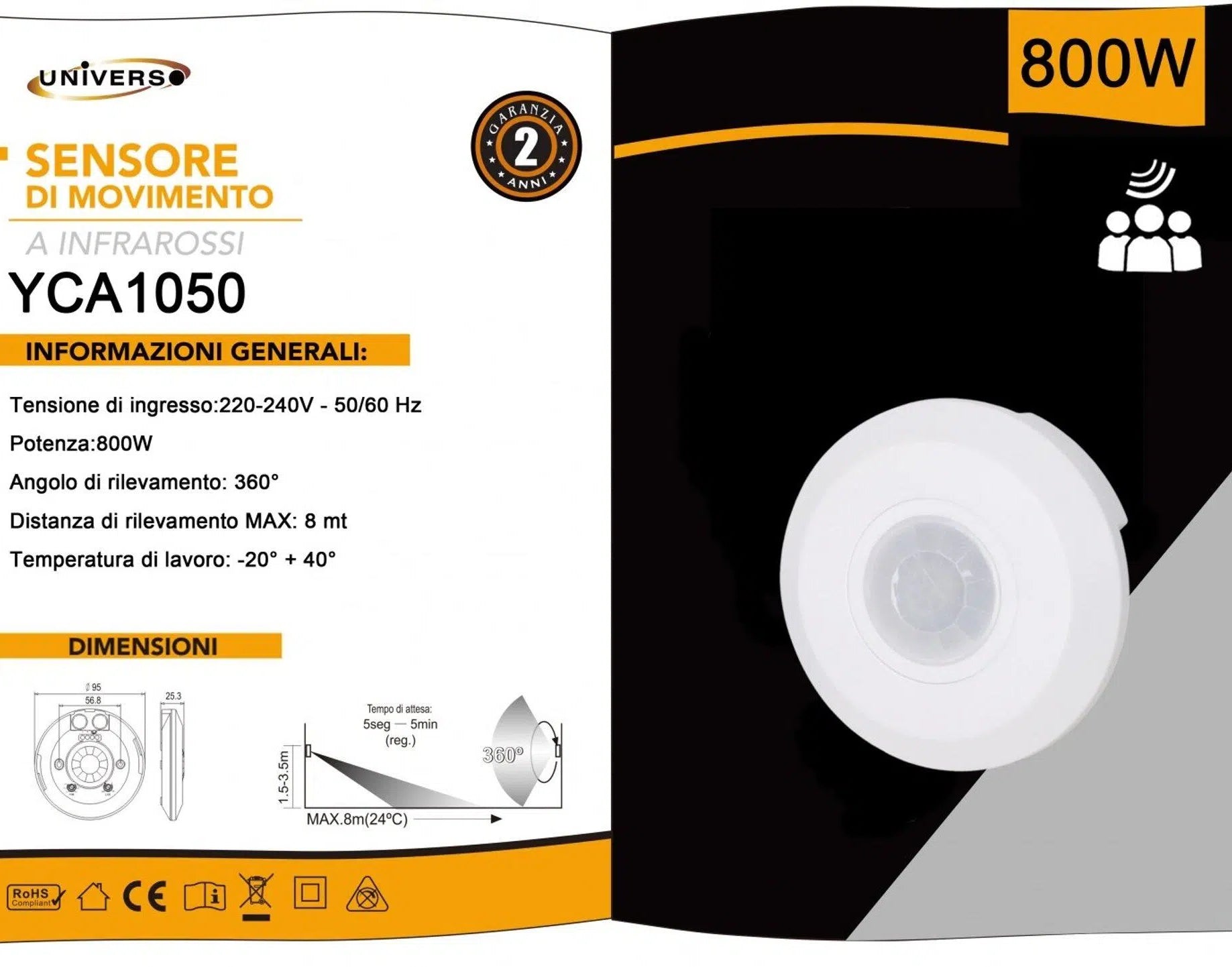 Sensore di Movimento a Infrarossi 360° Universo YCA1050 – per Lampadine fino a 800W, IP20