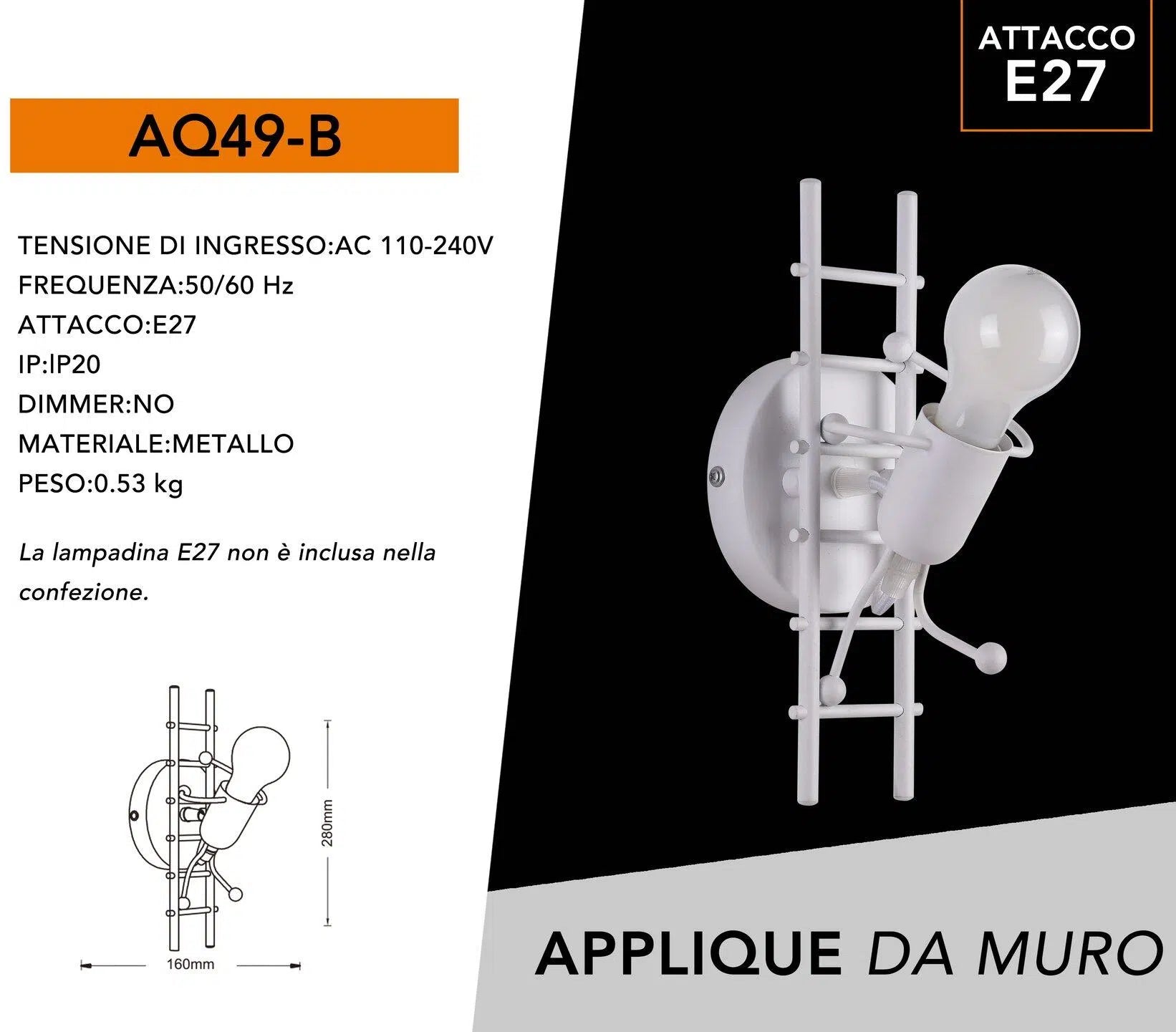Applique Lampada da Parete Decorativa in Metallo con Attacco E27 – Forma Omino su Scala, Colore Bianco o Nero