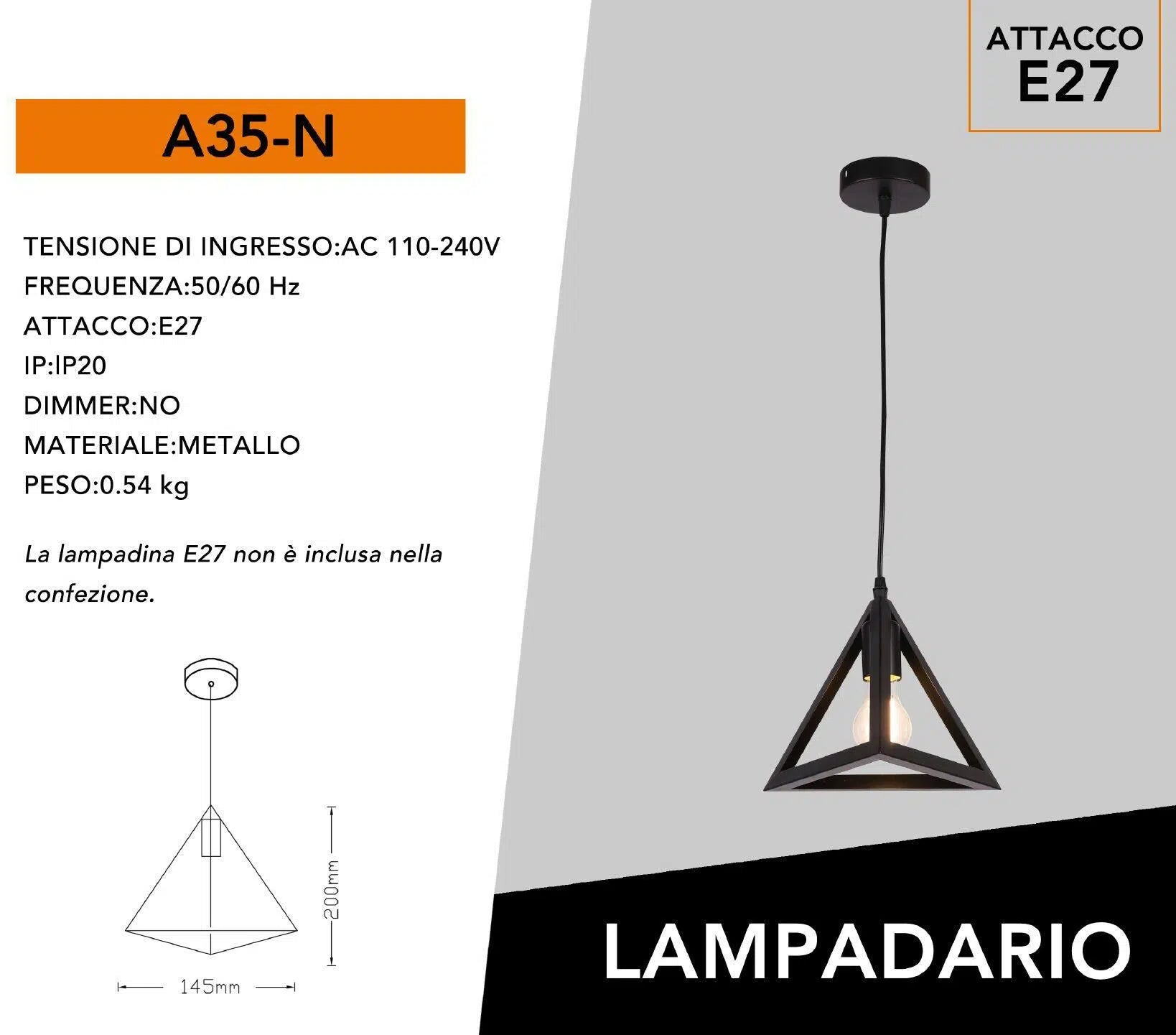 Lampadario a Sospensione Pendente – Forma Triangolare con Attacco E27, Finitura Bianca o Nera