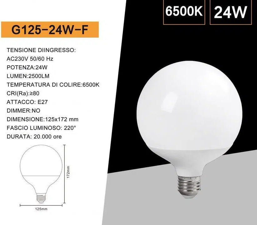 Lampadina LED Universo G125-24W – Attacco E27, Globo G125, 24W, 2500 Lumen, CCT 3000K/4000K/6500K