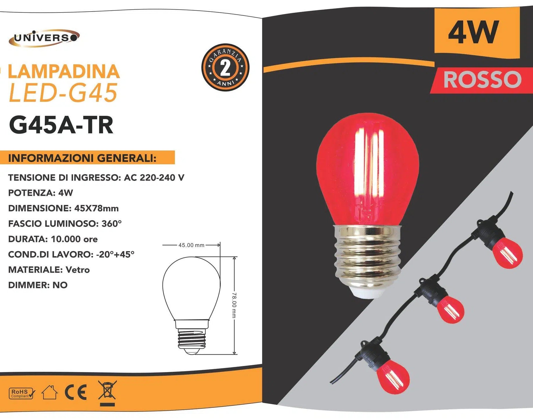 Confezione da 10 Pezzi Universo – Lampadina LED E27 Colorata 4W, Miniglobo G45 a Filamento, 440 Lumen, Colore Rosso/Verde/Blu