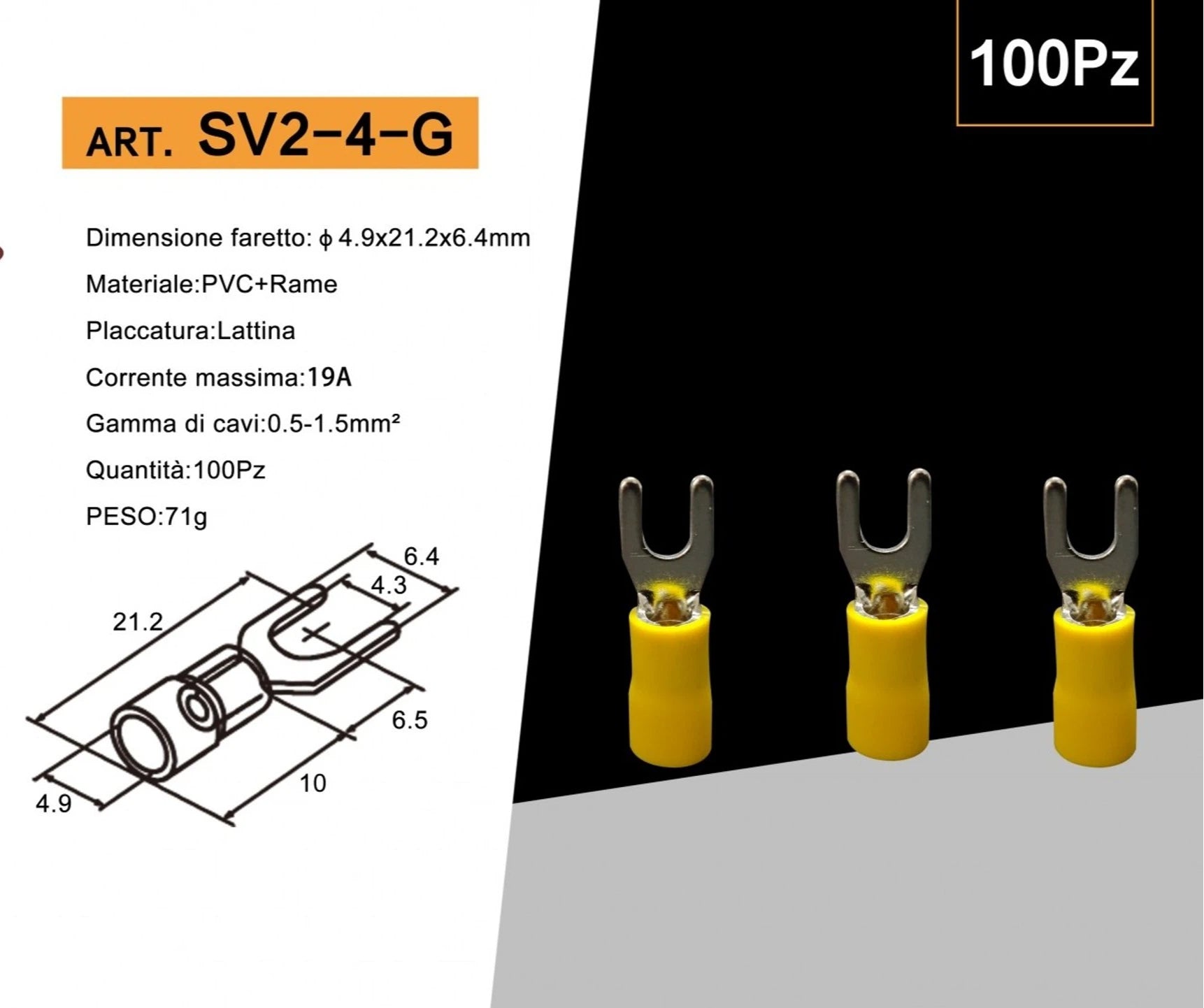 Confezione da 100 pezzi – Capicorda terminale a forcella isolato, a crimpare per cavi da 1,5 mm² a 2,5 mm², misura M4