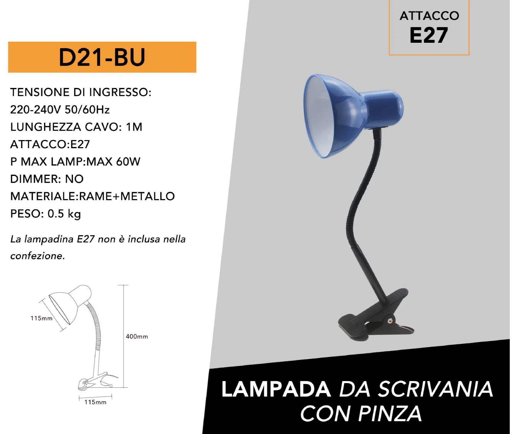 Lampada da Tavolo con Clip di Fissaggio e Braccio Flessibile – Attacco E27, Colori Assortiti