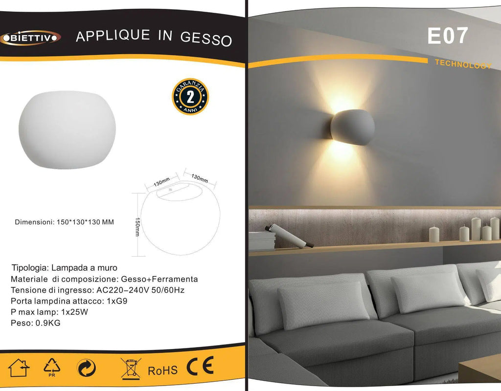 Applique Plafoniera Sfera in Gesso Verniciabile – Doppia Emissione Luminosa 25W con Portalampada G9