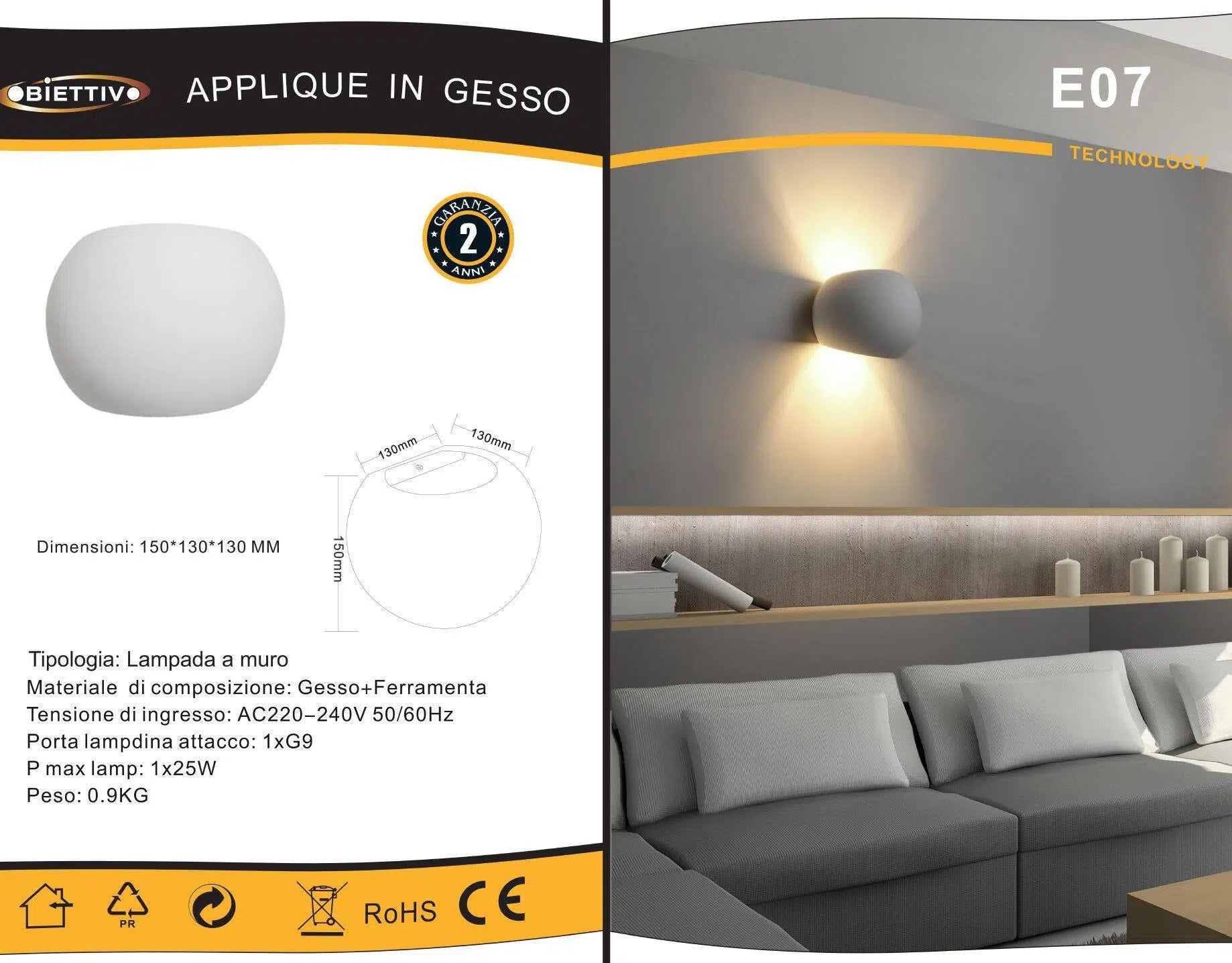 Applique Plafoniera Sfera in Gesso Verniciabile – Doppia Emissione Luminosa 25W con Portalampada G9