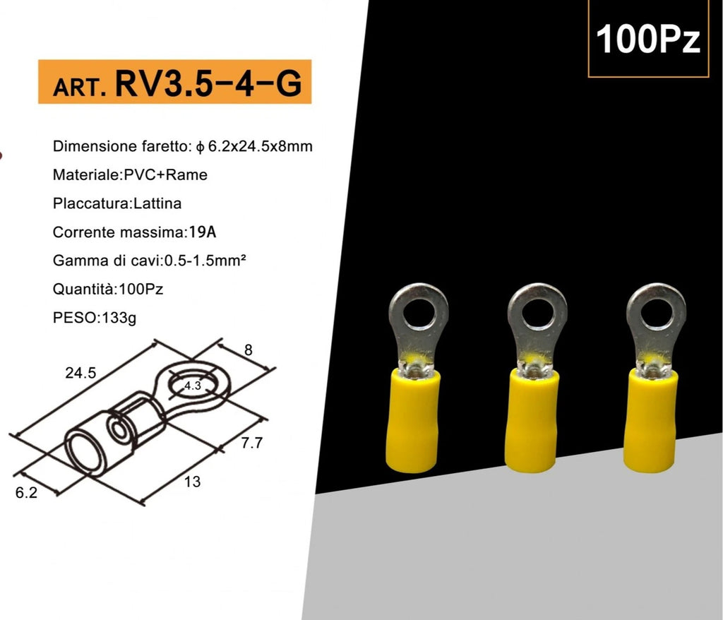 Confezione da 100 Pezzi – Capicorda Terminale ad Occhiello Isolato per Cavi da 2,5 mm² a 4 mm² – Foro M4