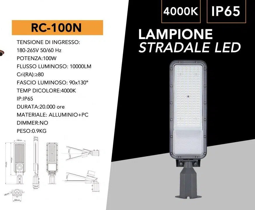 Proiettore Faro Armatura Stradale LED Universo RC-100N – 100W con Snodo Incorporato, IP65, Luce Bianca Naturale 4000K