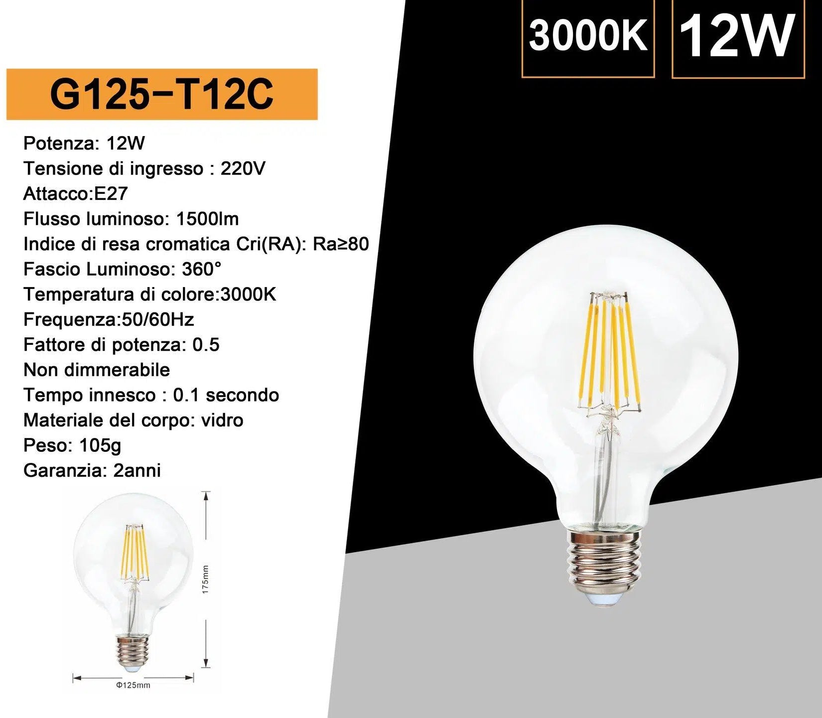 Lampadina LED Filamento E27 Universo – 12W, Globo G125, 1500 Lumen