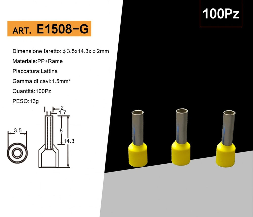 Confezione da 100 pezzi – Tubetto terminale capicorda isolato per cavi da 1,5 mm², lunghezza terminale 8 mm – Colori giallo, rosso, blu
