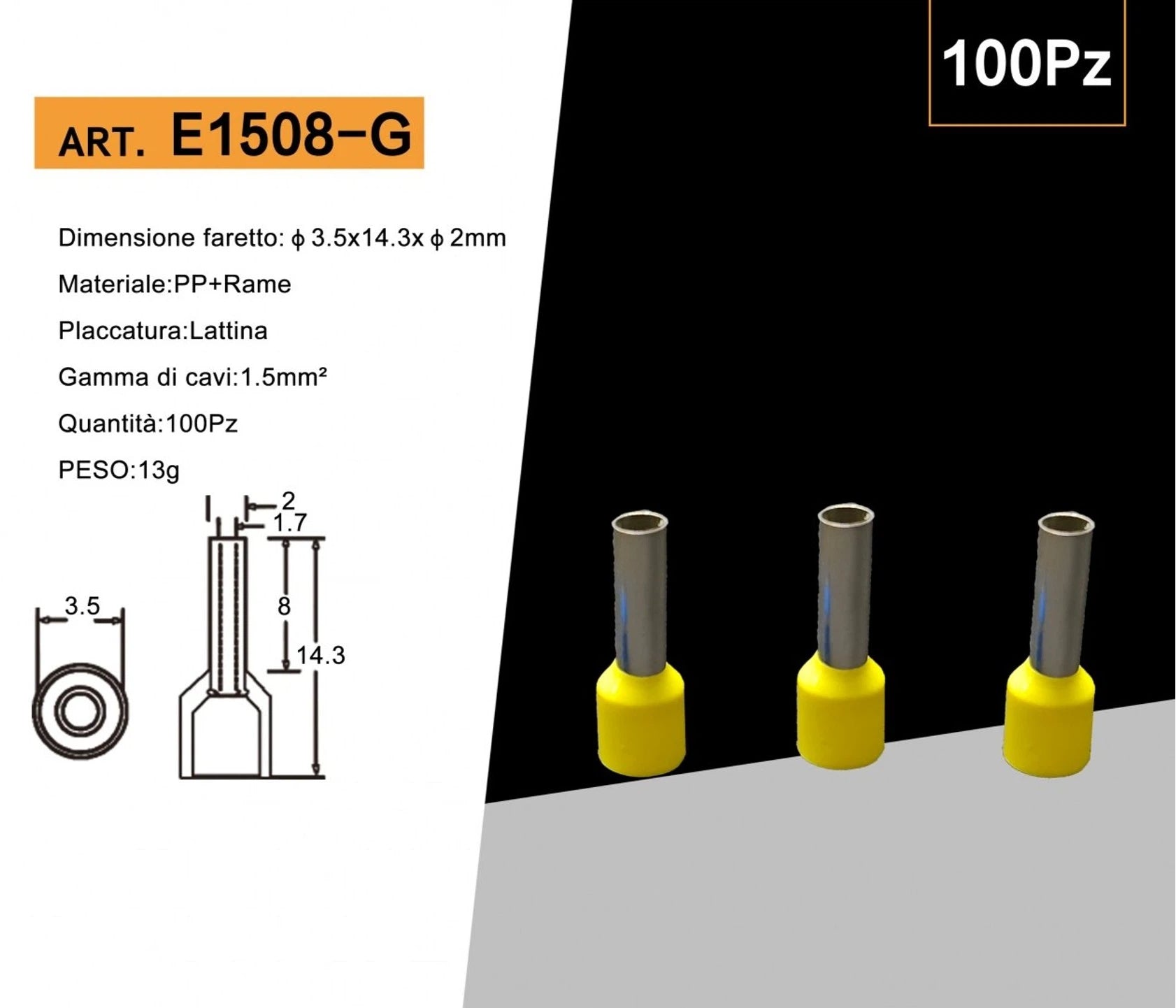 Confezione da 100 pezzi – Tubetto terminale capicorda isolato per cavi da 1,5 mm², lunghezza terminale 8 mm – Colori giallo, rosso, blu