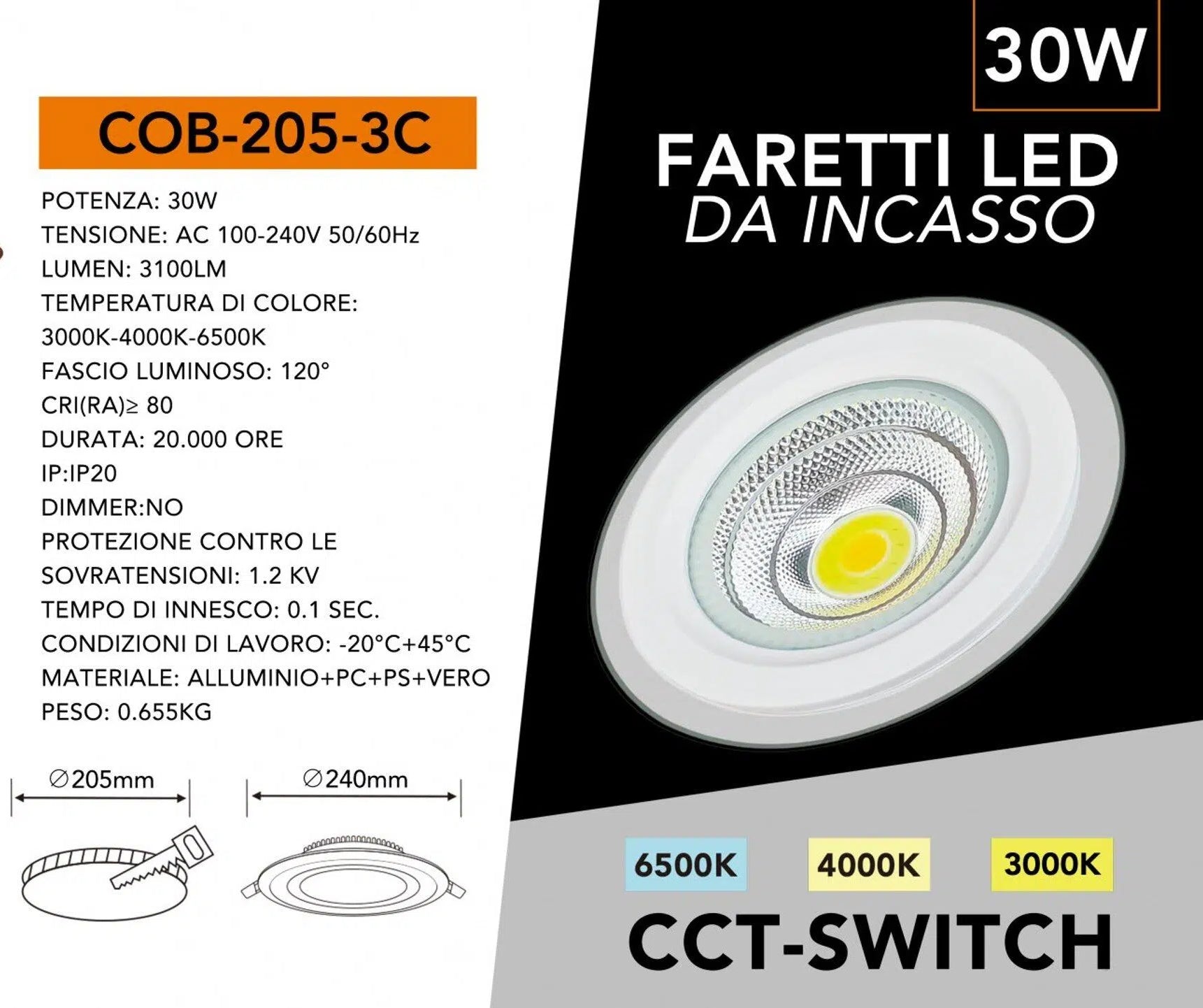 Faretto COB LED da Incasso Rotondo 30W – Colore Bianco, CCT Switch con Selezione Luce 3000K/4000K/6500K