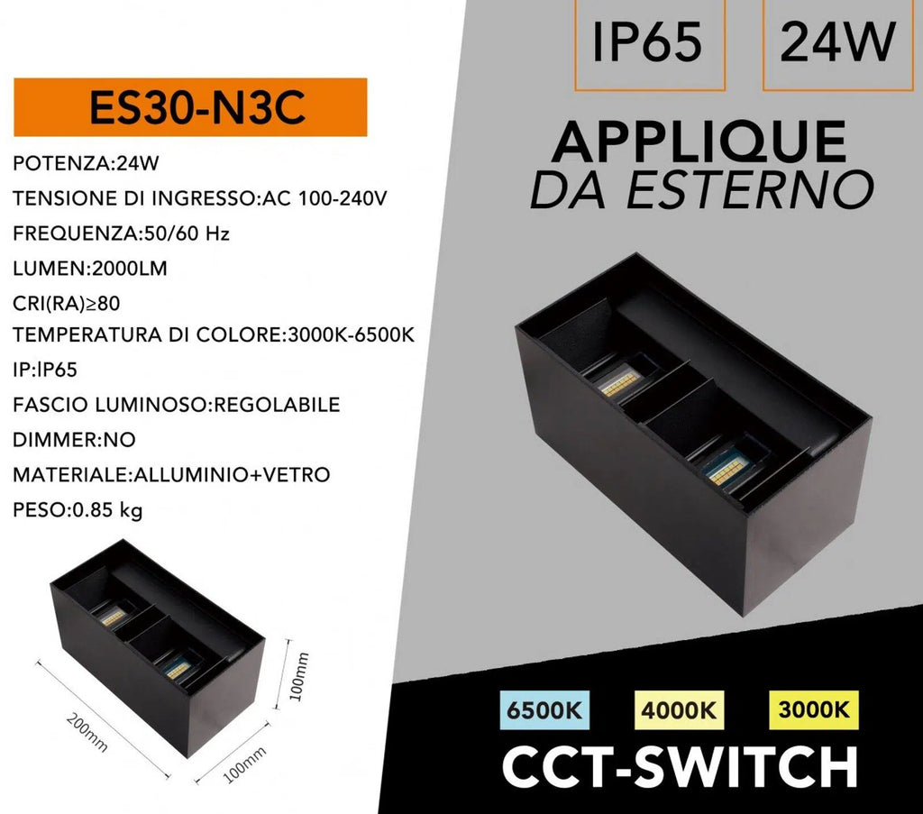 Applique LED da muro nera UNIVERSO ES30-N3C 24W con doppio fascio luminoso regolabile e selettore CCT 3000K 4000K 6500K IP65