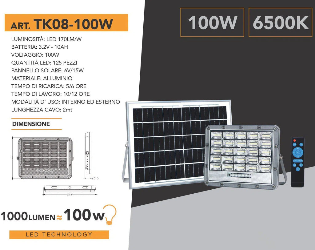 Proiettore LED Solare UNIVERSO TK08-100W | 1000 Lumen IP65 Grigio con Pannello Solare e Telecomando