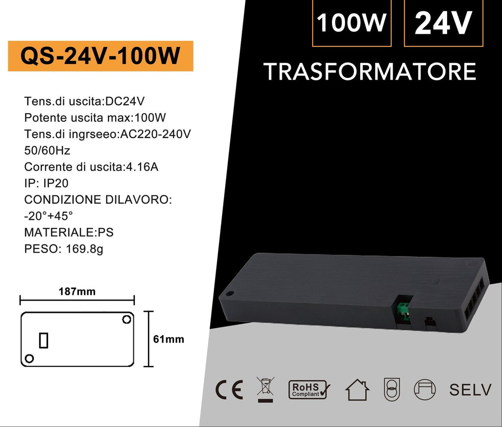 UNIVERSO QS-24V-100W Alimentatore Switching DC 24V 100W 4.16A con 9 Uscite e 1 Ingresso Sensore per Strip LED IP20