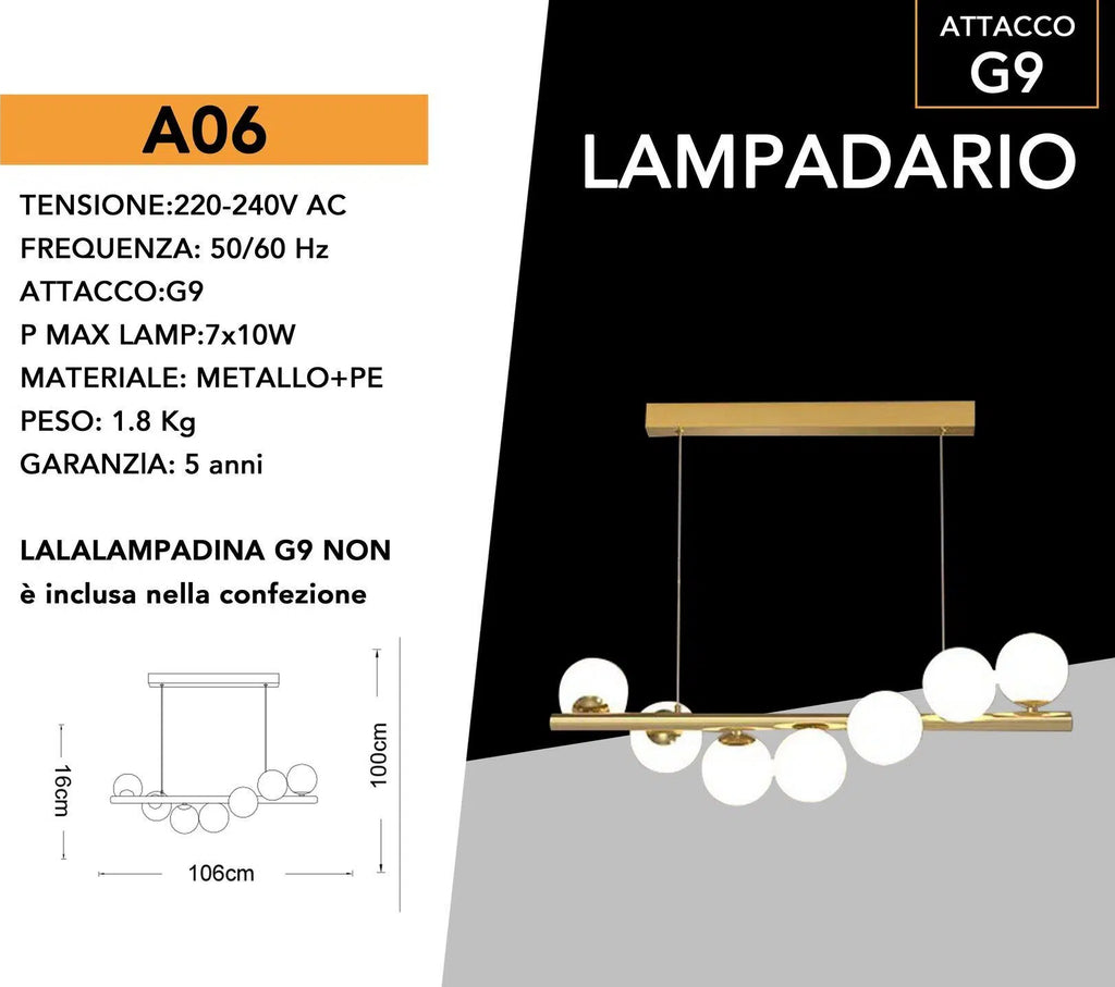 Lampadario a Sospensione Universo A06 – 7 Attacchi G9, Potenza 70W, Colore Oro, 7 Sfere Opache