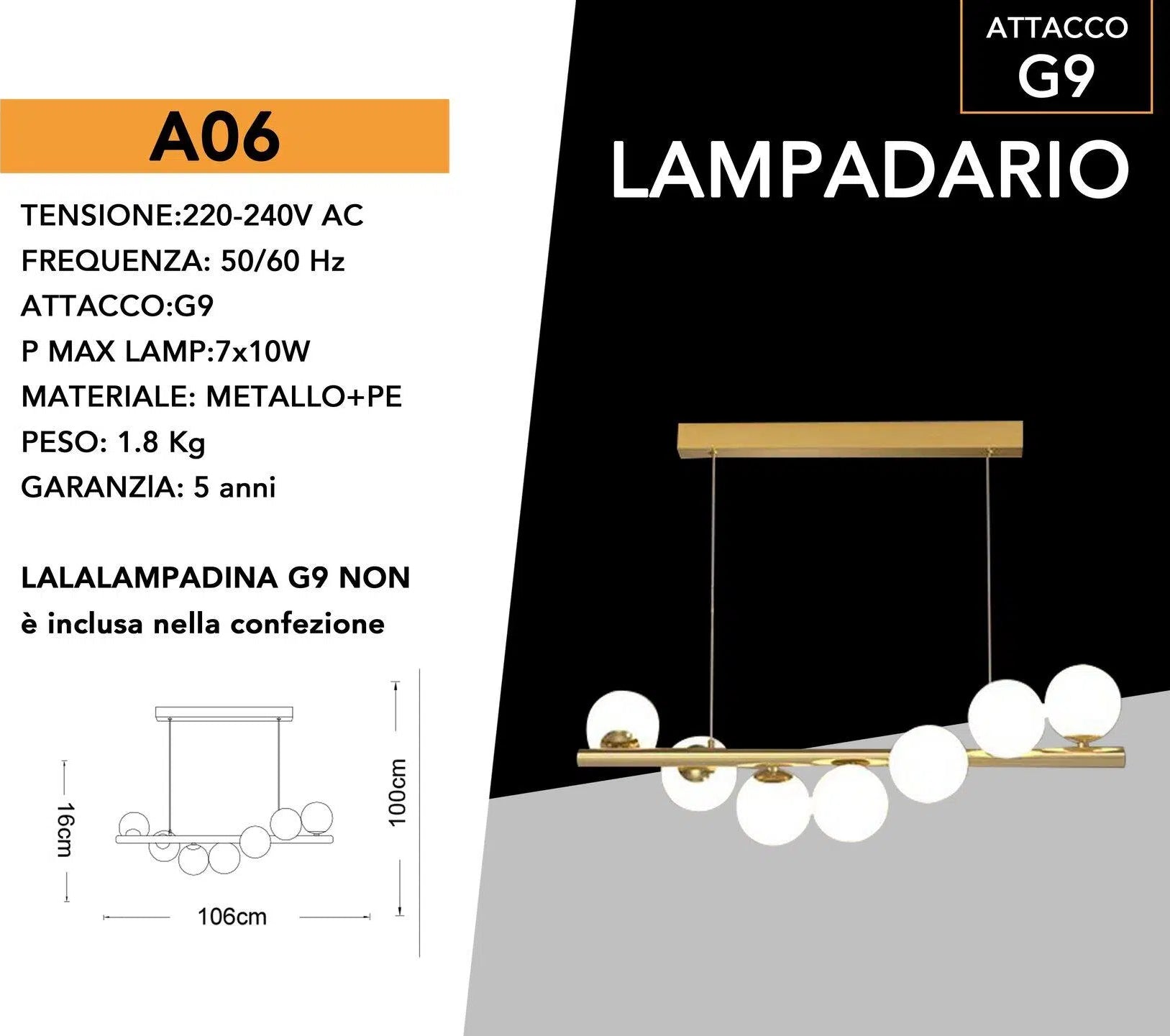 Lampadario a Sospensione Universo A06 – 7 Attacchi G9, Potenza 70W, Colore Oro, 7 Sfere Opache