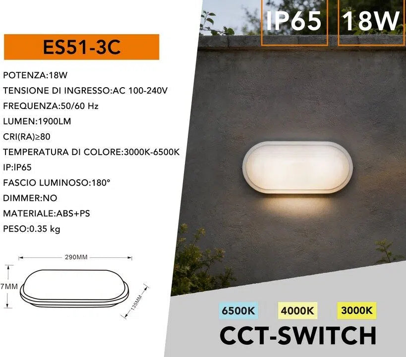 Plafoniera LED Ovale Esterno IP65 18W 1900 Lumen | Colore Bianco