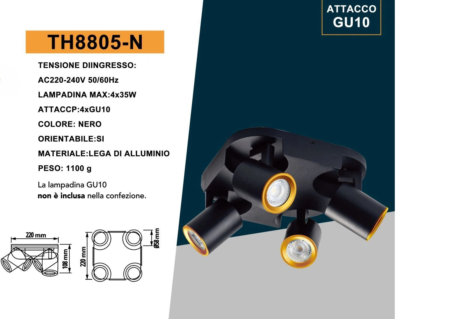 Portalampada Applique da Soffitto con 4 Teste Orientabili per Lampadine GU10
