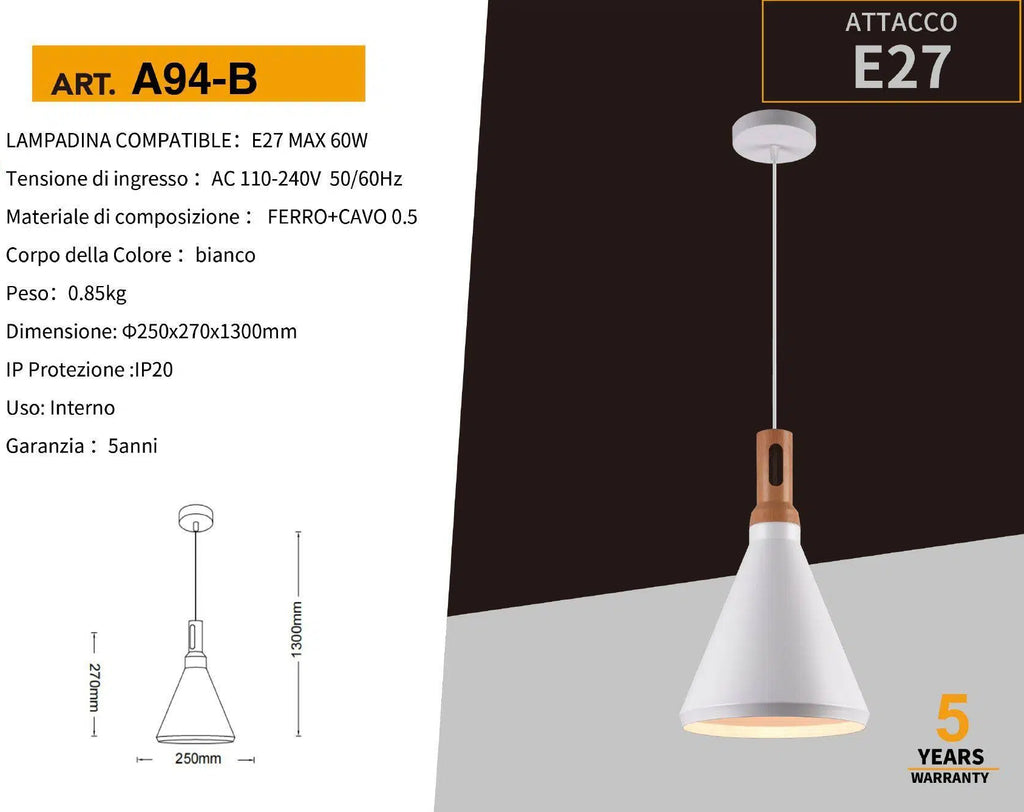Lampadario in Metallo a Campana Universo A94 – Portalampada per Lampadine E27, Colore Bianco e Nero
