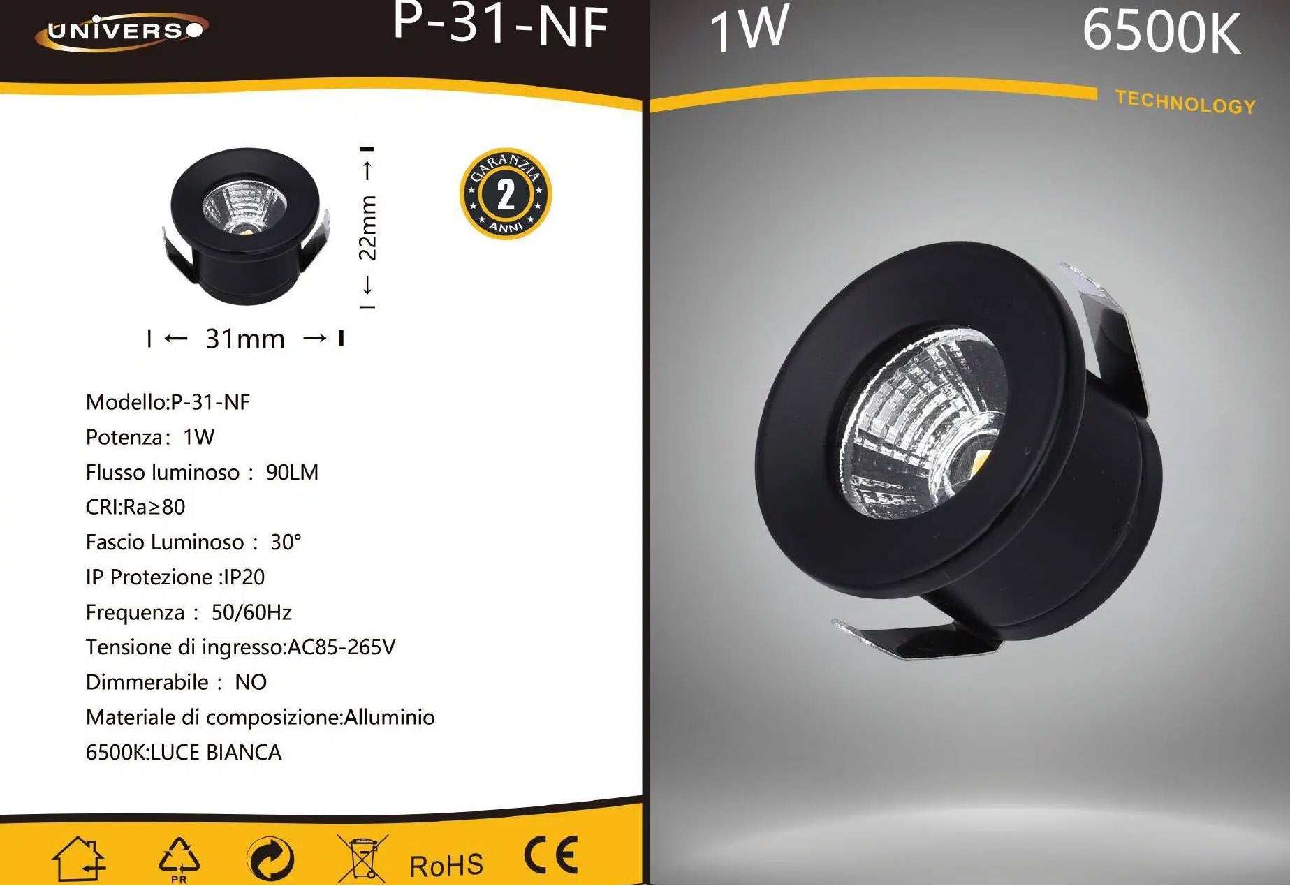 Faretto LED Rotondo da Incasso Nero 1W | CCT Selezionabile 3000K-4000K-6500K IP20