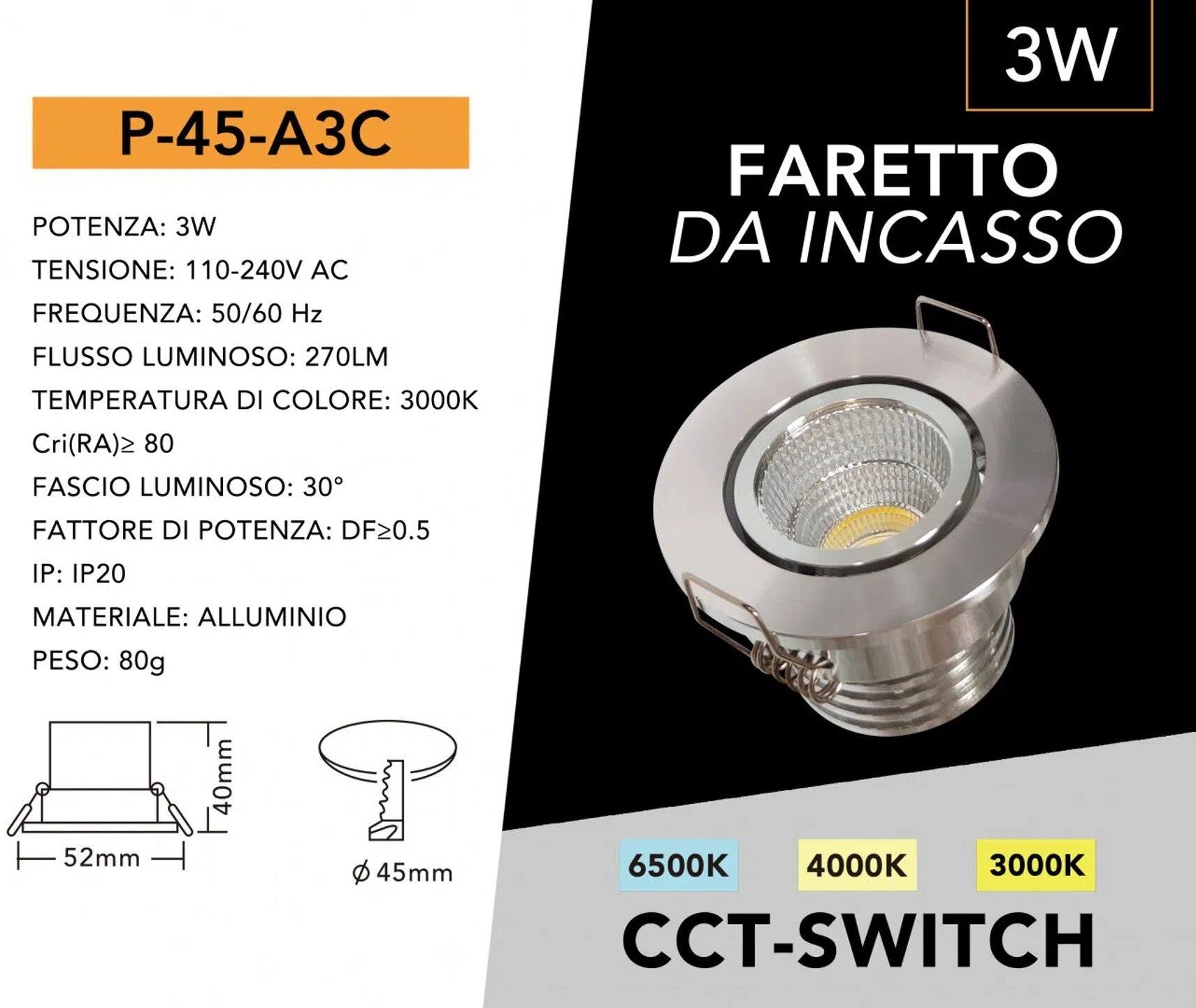 Faretto LED da Incasso Rotondo Universo P-45-B3C – 3W COB, Cromo Satinato, Switch CCT per Luce 3000K/4000K/6500K