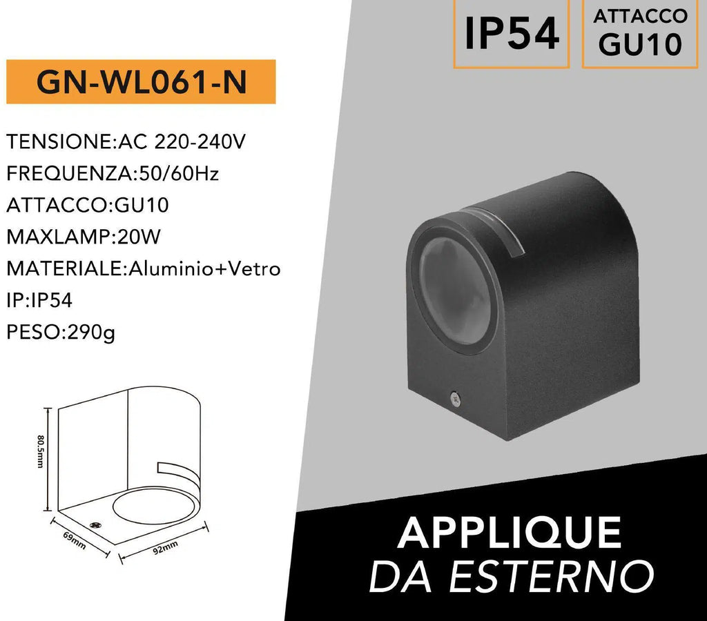 Portalampada Applique Wall Light da Muro per 1 Lampadina GU10 – IP54, Disponibile in Bianco e Nero