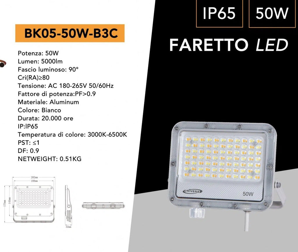 Proiettore SMD LED Slim UNIVERSO BK05-50W-B3C 50W | CCT 3in1 Selezionabile IP65 Bianco