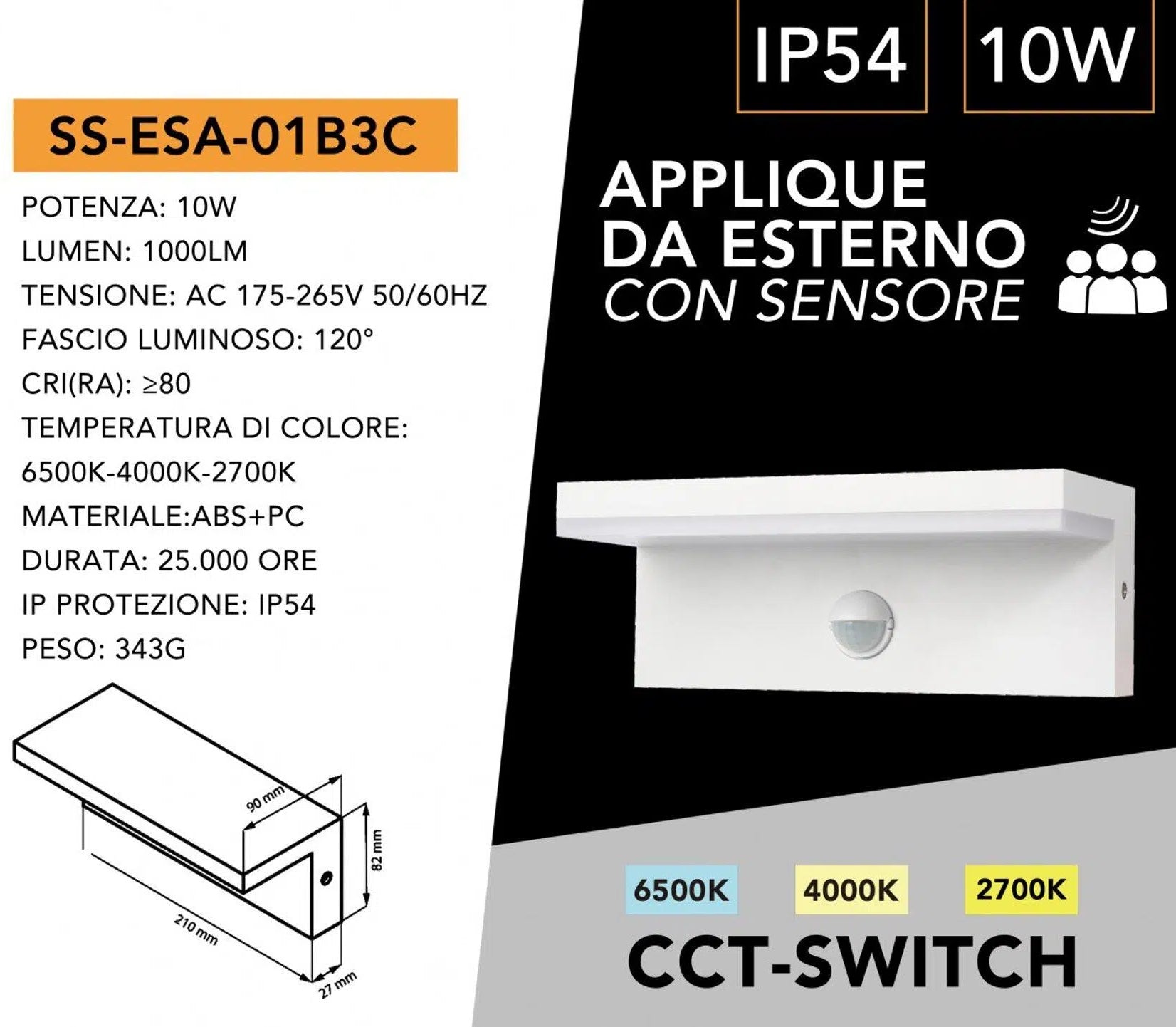 Applique LED da muro bianca 10W SMD con sensore di movimento PIR e CCT 3in1 selezione colore 3000K 4000K 6500K IP54 per esterno