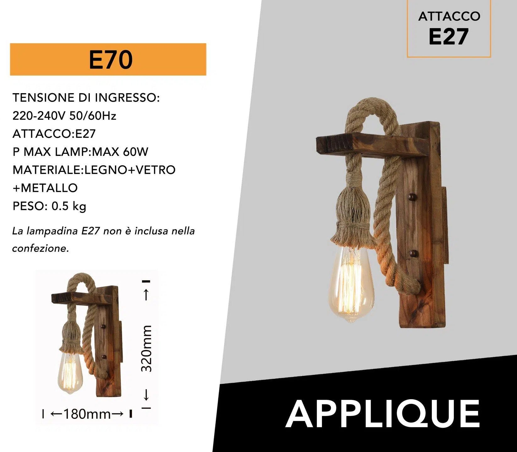 Applique Vintage Country Retro da Parete Universo – in Corda e Legno con Portalampada per Lampadine E27