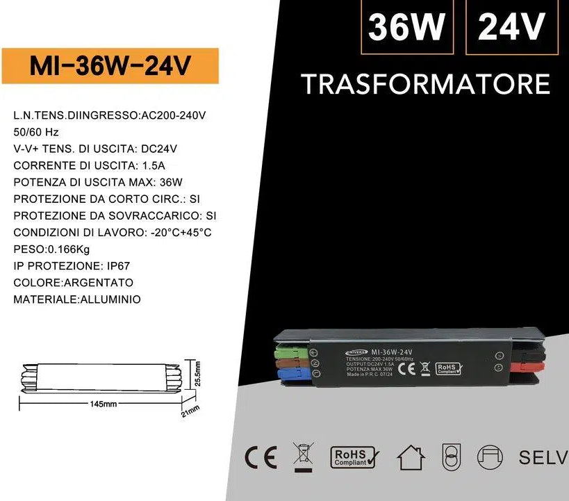 UNIVERSO MI-36W-24V alimentatore switching ultra slim da esterno IP67, potenza 36W, uscita DC 24V 1.5A, ideale per illuminazione LED e installazioni outdoor in giardino, insegne e impianti professionali