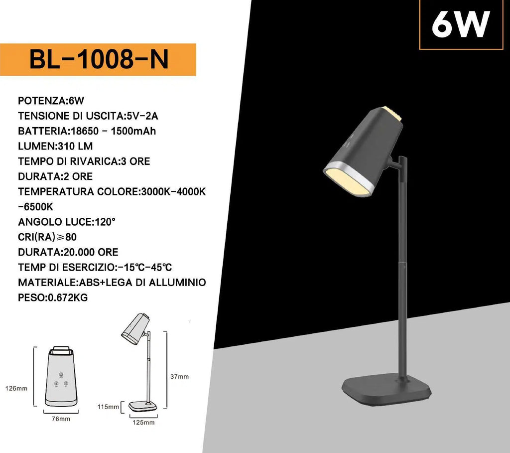 Lampada Multifunzione Ricaricabile da Tavolo BL-1008-N – 6W Dimmerabile, CCT 3in1 con Temperatura Luce Selezionabile
