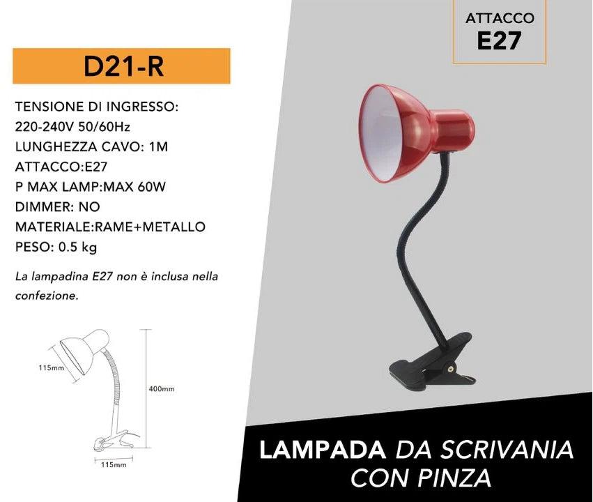Lampada da Tavolo con Clip di Fissaggio e Braccio Flessibile – Attacco E27, Colori Assortiti