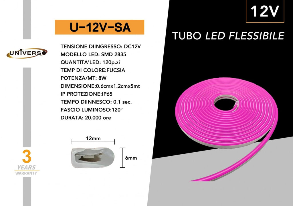 Striscia Strip LED Neon Flex 5 Metri DC 12V Impermeabile da Esterno IP65 Modellabile