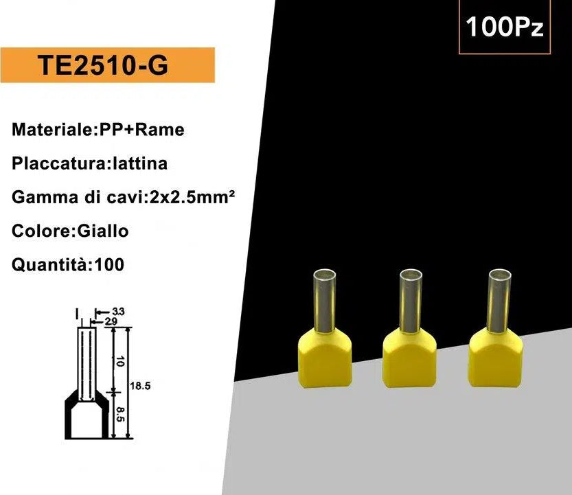 Confezione da 100 Pezzi – Tubetto Terminale Capicorda Isolato per 2 Cavi da 2,50 mm² – Terminale da 10 mm – Colori Giallo, Rosso, Blu