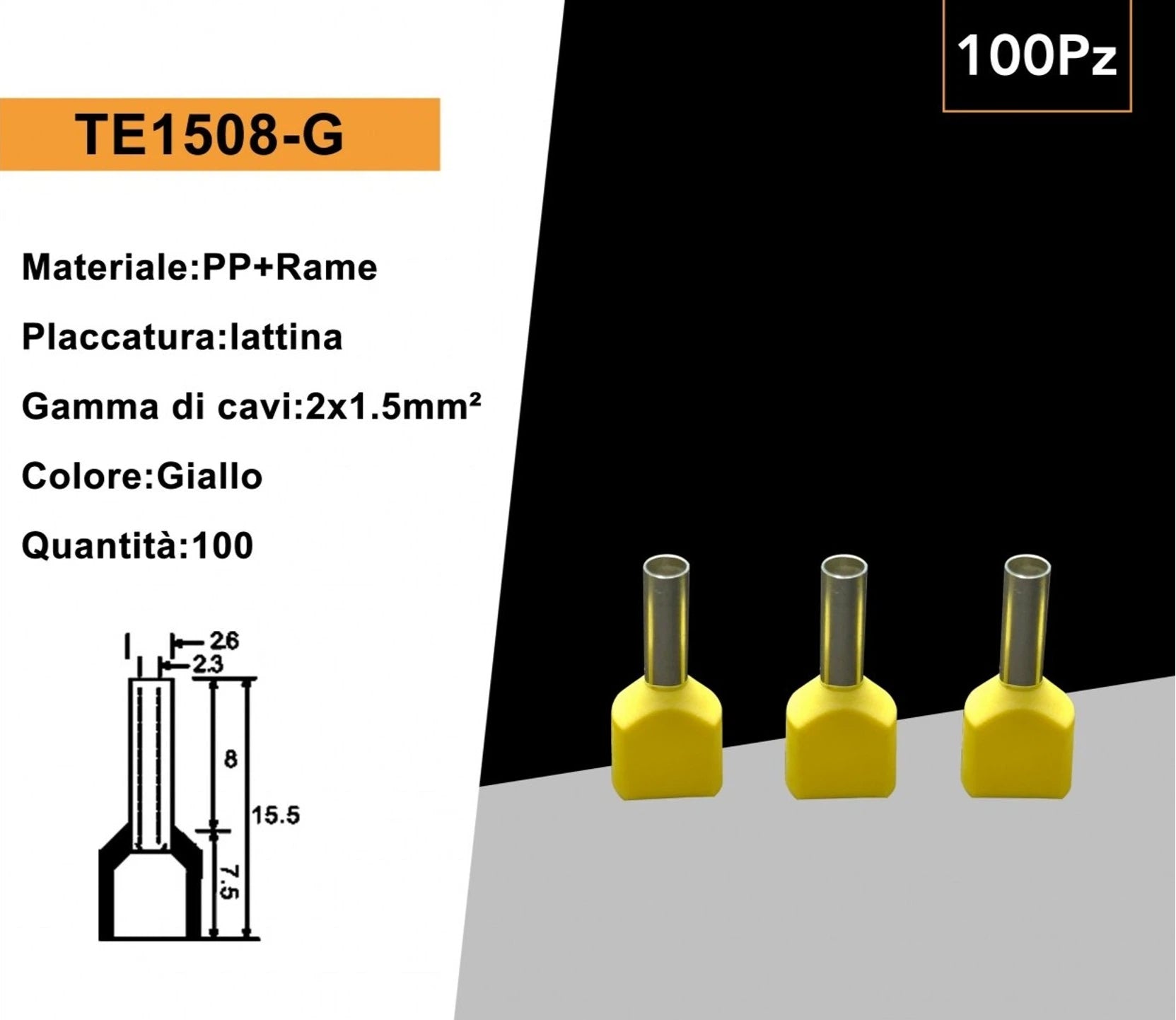 Confezione da 100 Pezzi – Tubetto Terminale Capicorda Isolato per 2 Cavi da 1,50 mm² – Terminale da 8 mm – Colori Giallo, Rosso, Blu
