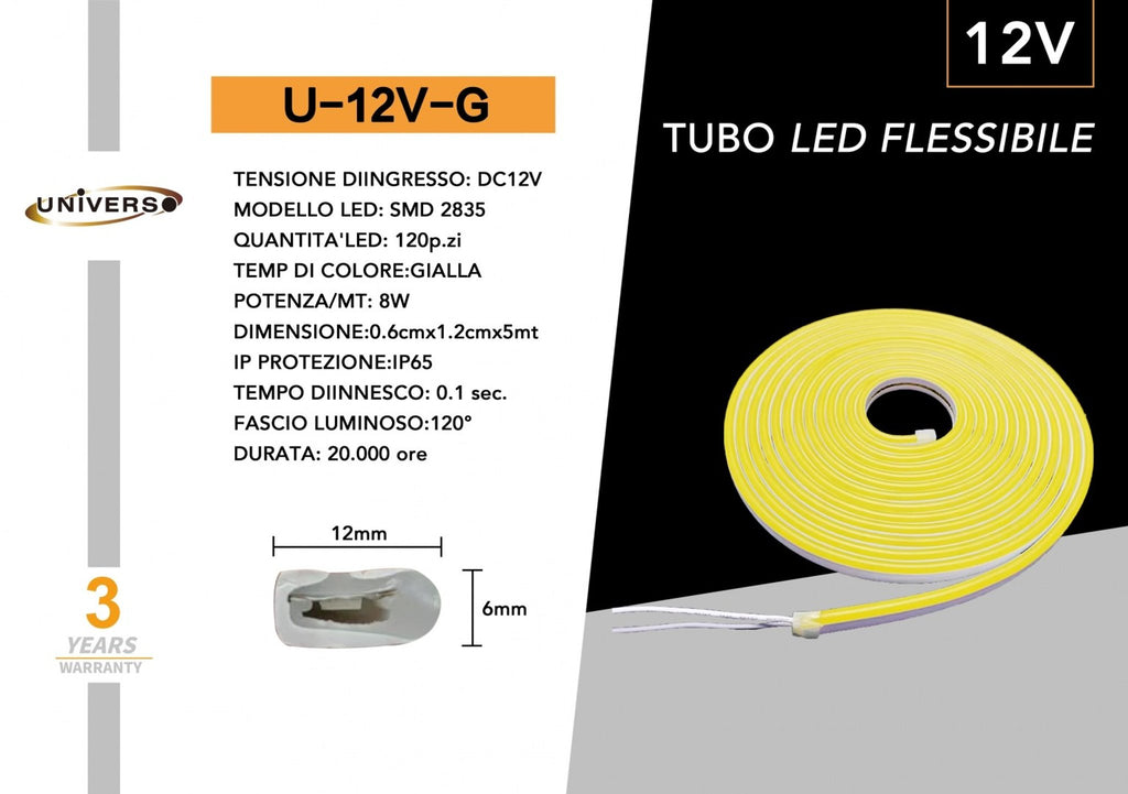 Striscia Strip LED Neon Flex 5 Metri DC 12V Impermeabile da Esterno IP65 Modellabile