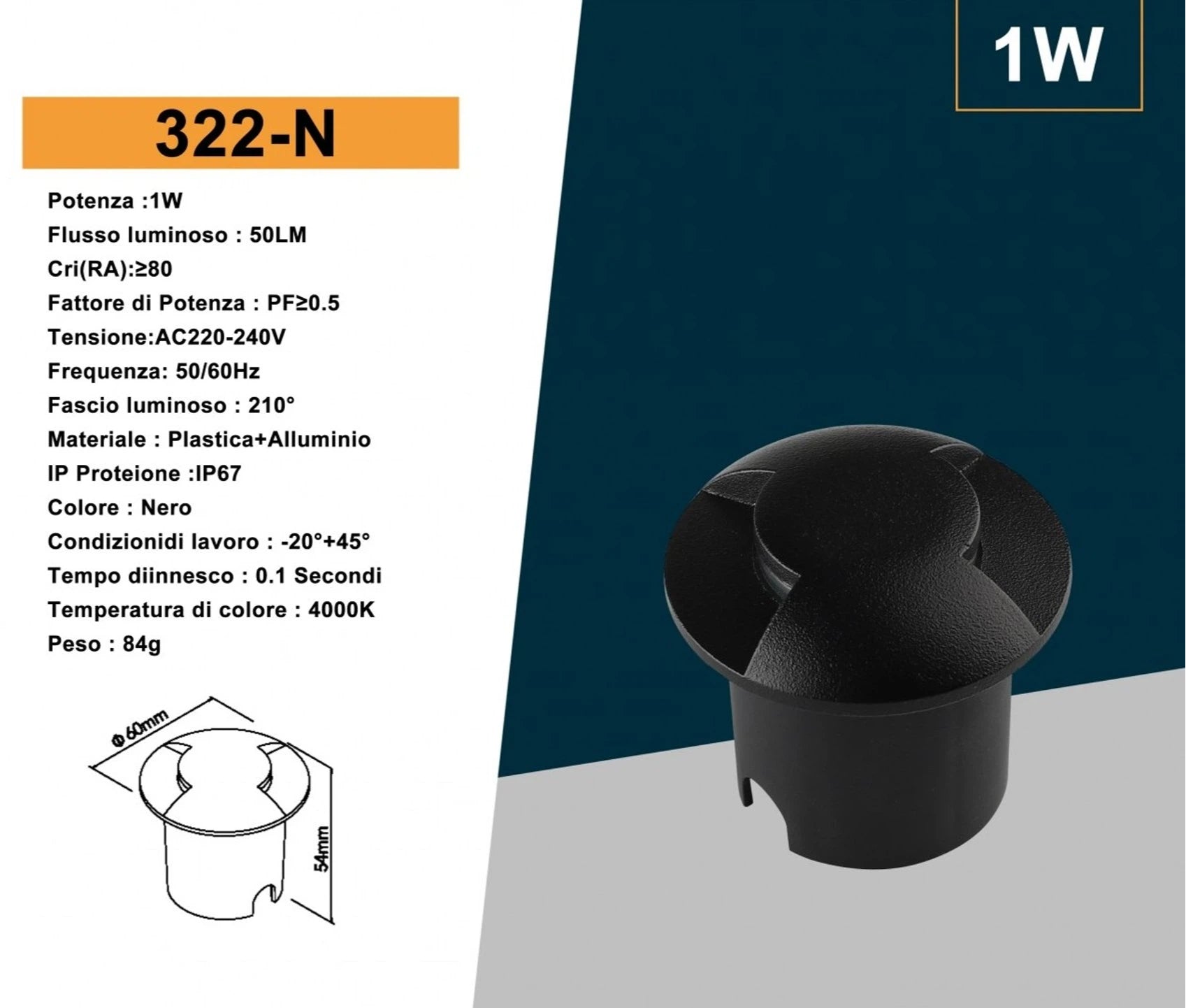 Universo Punto Luce LED SMD 1W Segnapasso da Interramento IP67 Doppia Finestra Colore Nero - 3000K 4000K