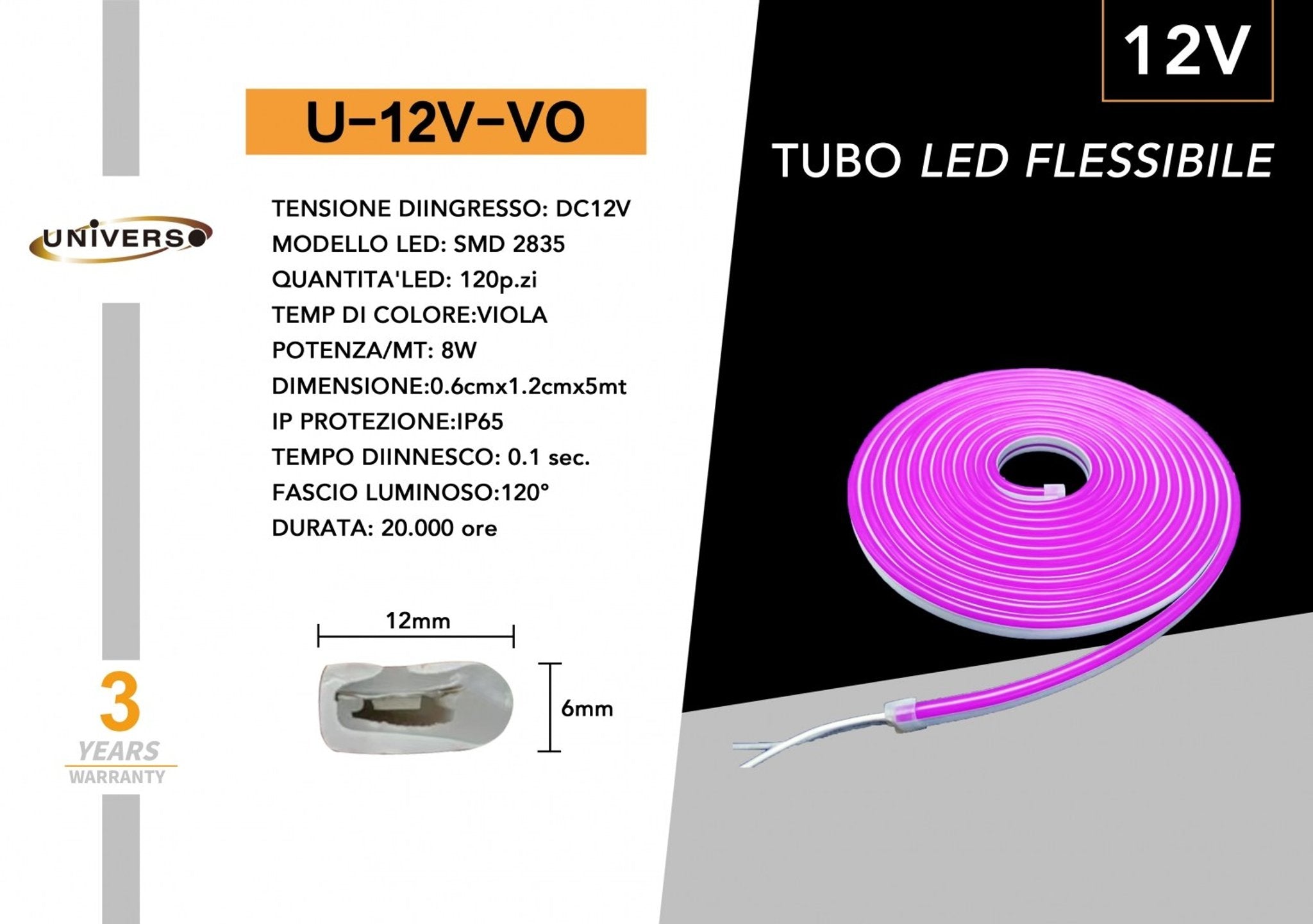 Striscia Strip LED Neon Flex 5 Metri DC 12V Impermeabile da Esterno IP65 Modellabile
