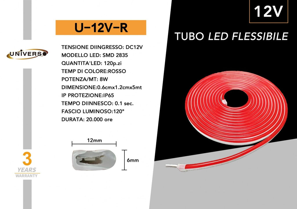 Striscia Strip LED Neon Flex 5 Metri DC 12V Impermeabile da Esterno IP65 Modellabile