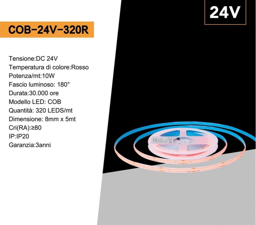 Striscia LED COB Flessibile UNIVERSO 5m | 50W Monocolore DC 24V 3000K-4000K-6500K + Blu/Rosso/Verde
