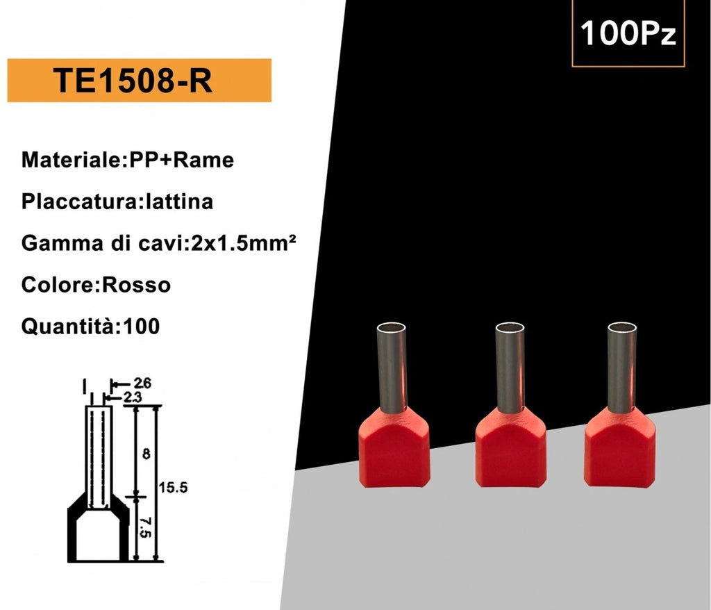 Confezione da 100 Pezzi – Tubetto Terminale Capicorda Isolato per 2 Cavi da 1,50 mm² – Terminale da 8 mm – Colori Giallo, Rosso, Blu
