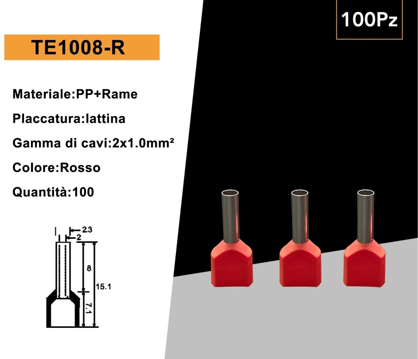 Confezione da 100 Pezzi – Tubetto Terminale Capicorda Isolato per 2 Cavi da 1,00 mm² – Terminale da 8 mm – Colori Giallo, Rosso, Blu