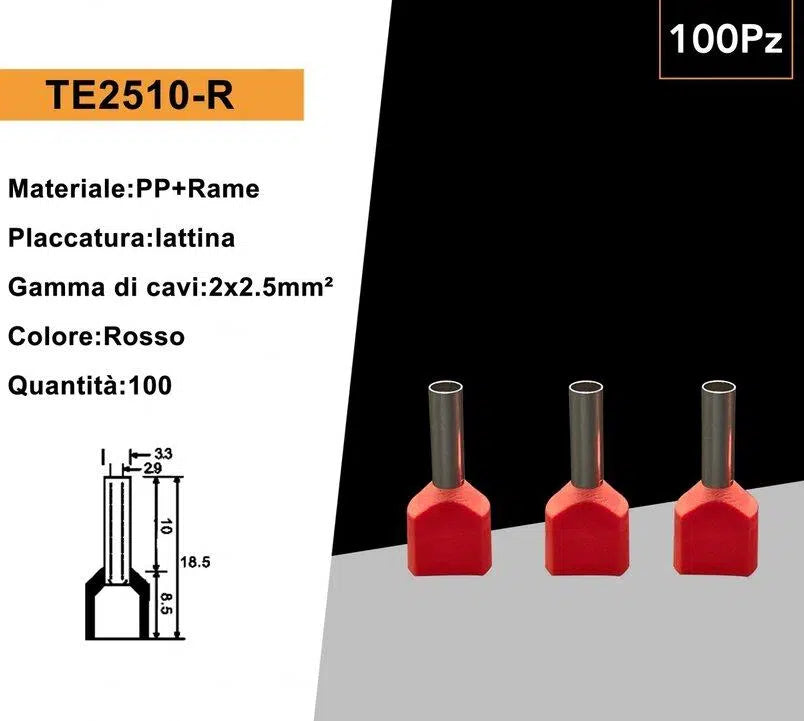 Confezione da 100 Pezzi – Tubetto Terminale Capicorda Isolato per 2 Cavi da 2,50 mm² – Terminale da 10 mm – Colori Giallo, Rosso, Blu