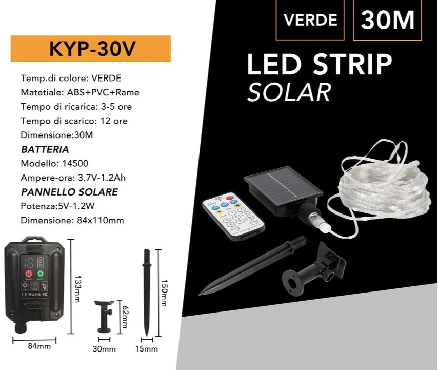Striscia LED Natalizia Solare 30m con Pannello e Telecomando | Luci 3000K-6500K-RGB IP65 per Esterno
