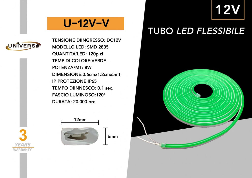 Striscia Strip LED Neon Flex 5 Metri DC 12V Impermeabile da Esterno IP65 Modellabile