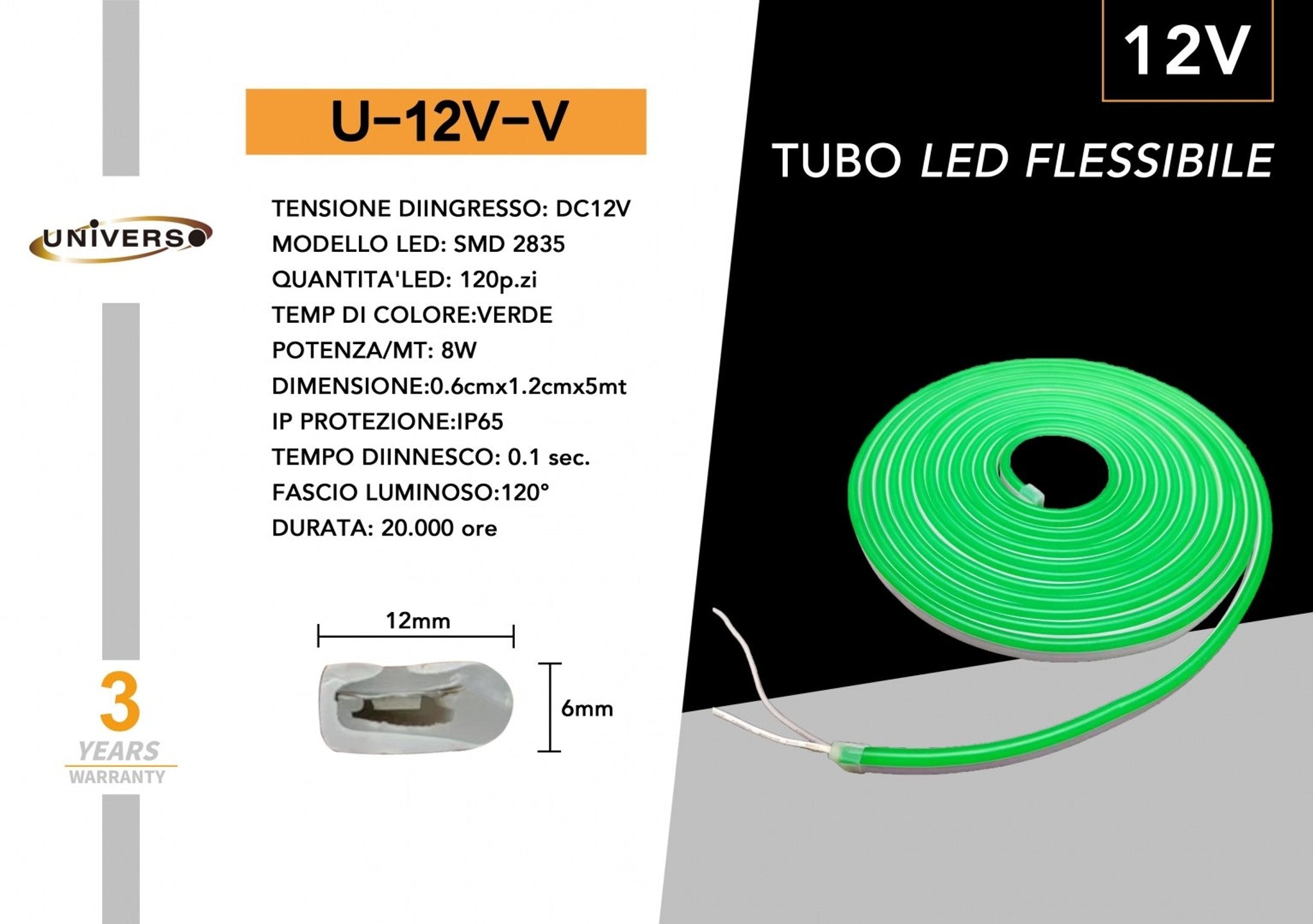 Striscia Strip LED Neon Flex 5 Metri DC 12V Impermeabile da Esterno IP65 Modellabile